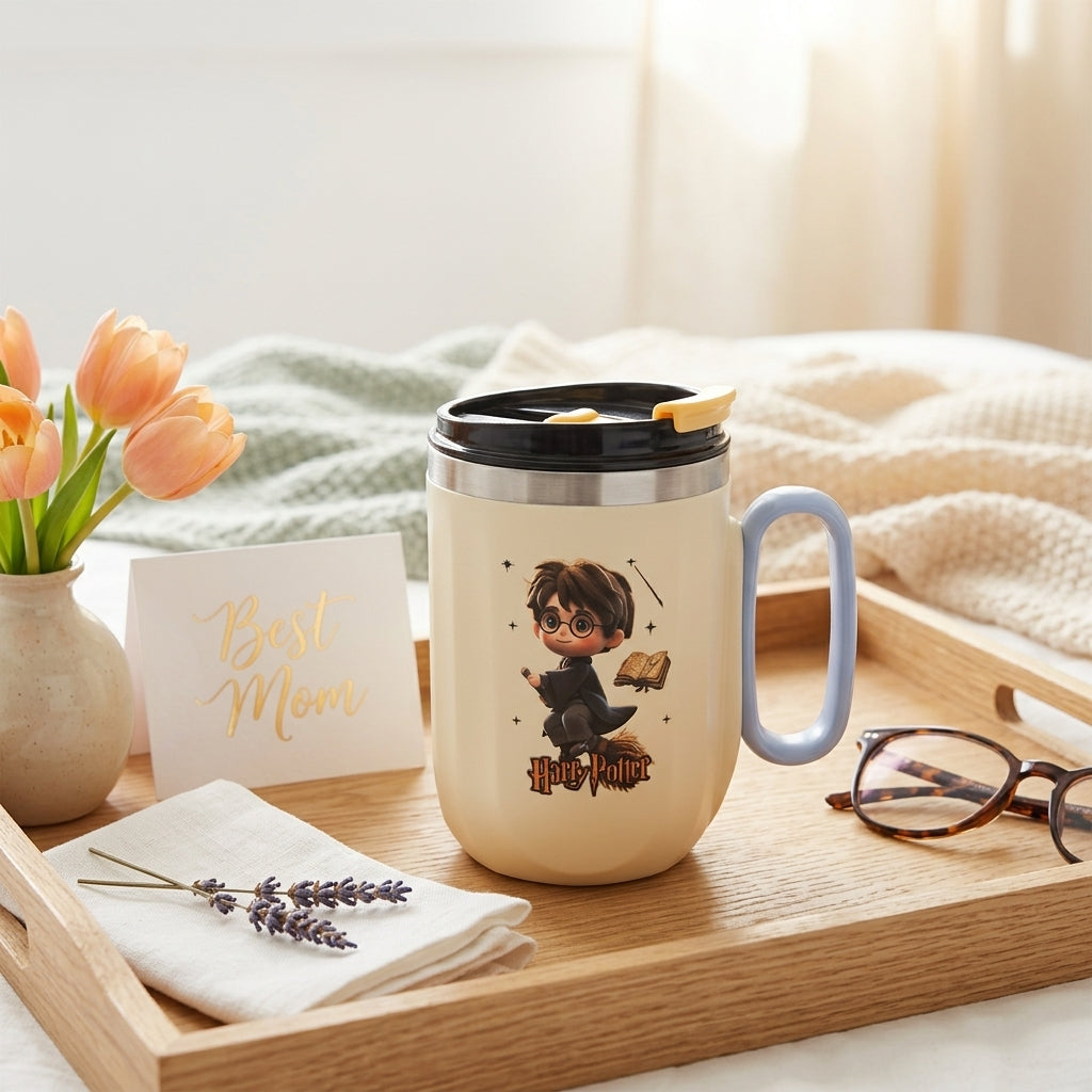 Cream Mug with Harry potter character design on a wooden tray with tulips and card