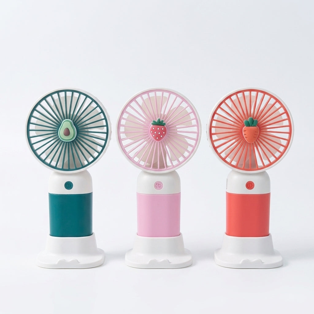 Three small fans with colorful designs on a white background