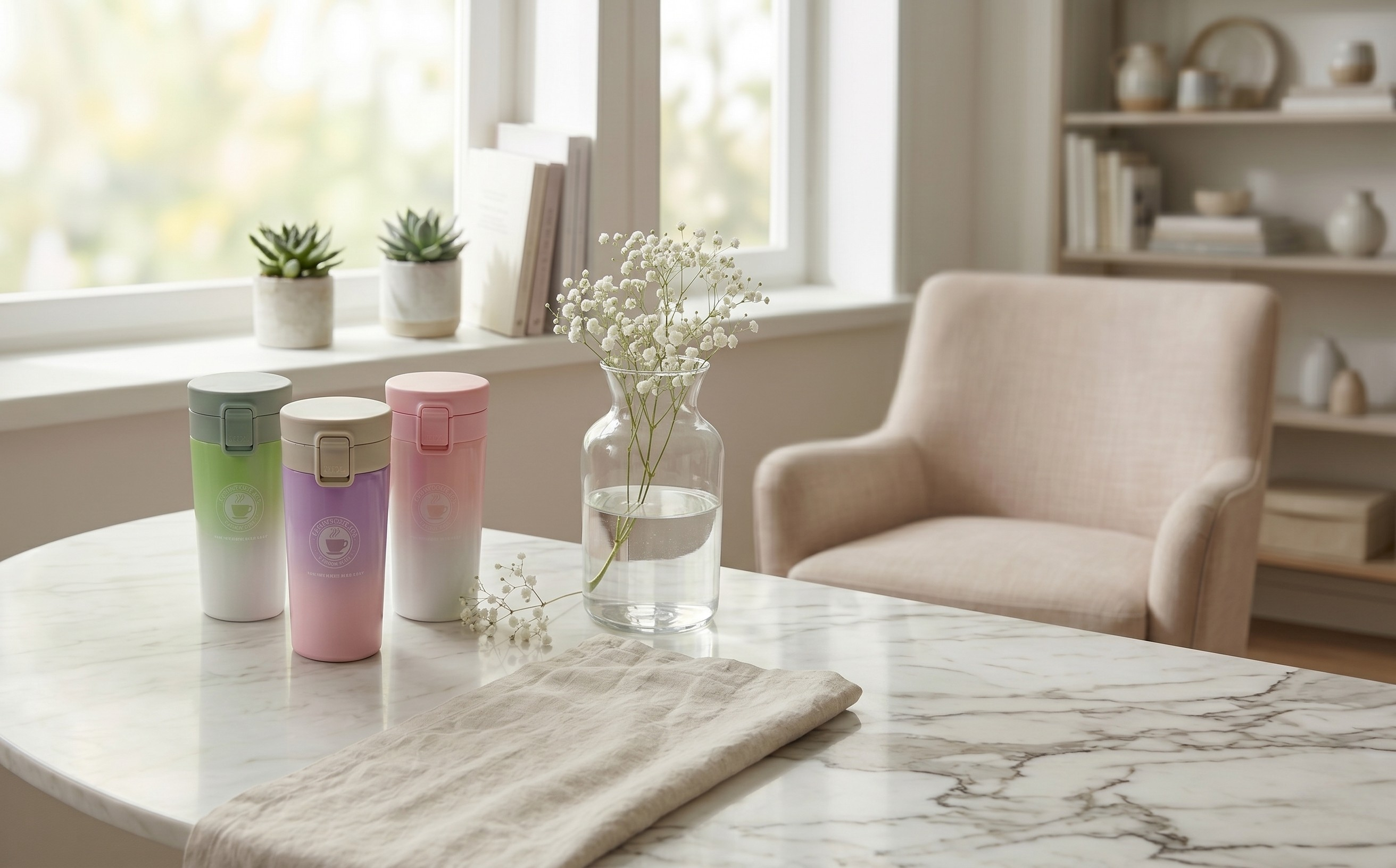 Colorful tumblers on a marble table with a cozy room in the background