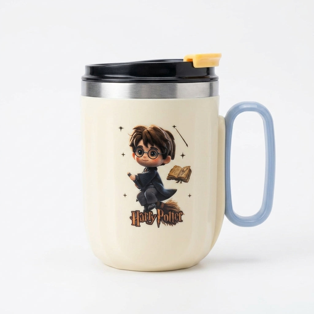 Cream Travel mug with a Harry Potter  on a white background