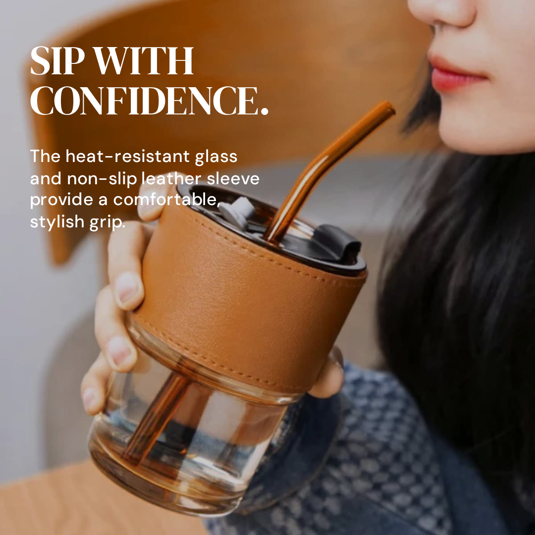 A girl sipping water from Leather sleeve Brown cup