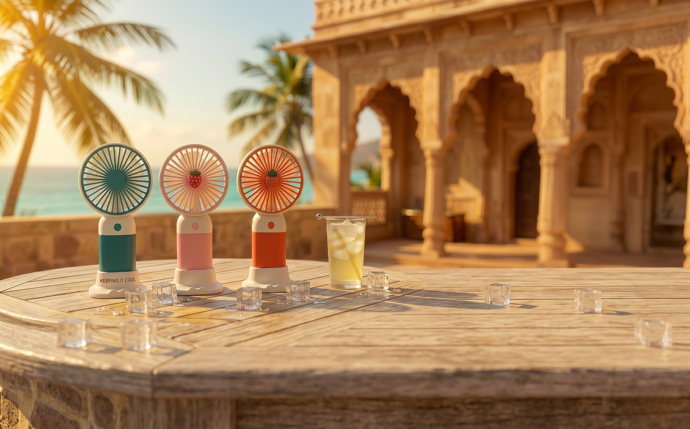Three colorful fans on a table with drinks in front of an architectural structure with arches.