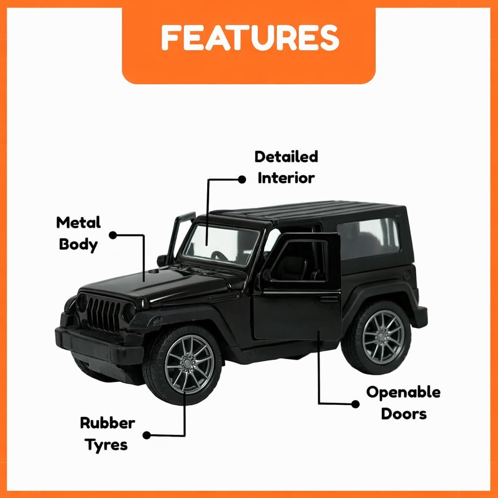 Black toy jeep with features labeled on a white background