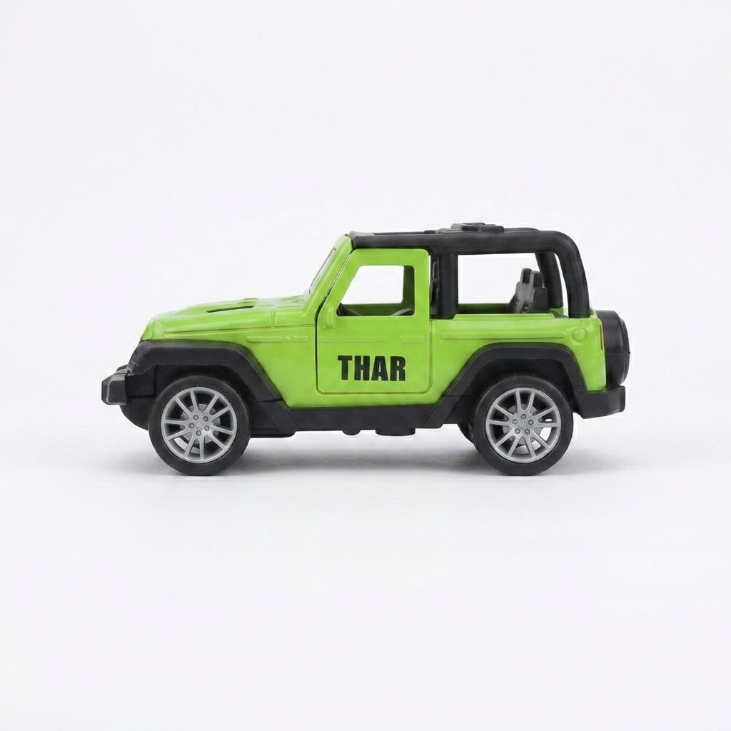 Green toy jeep with 'THAR' branding on a white background