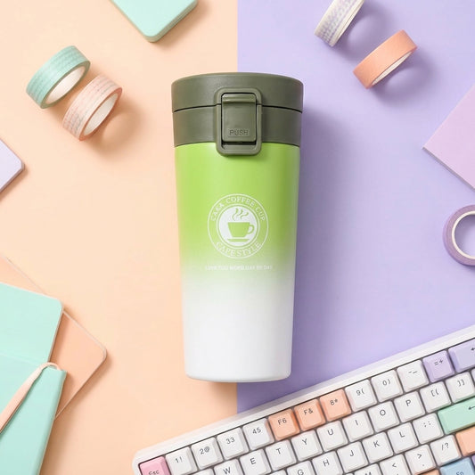 Green and white gradient tumbler with a logo on a colorful background
