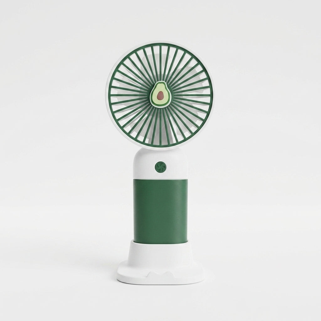 Green and white fan with avocado design on a white background