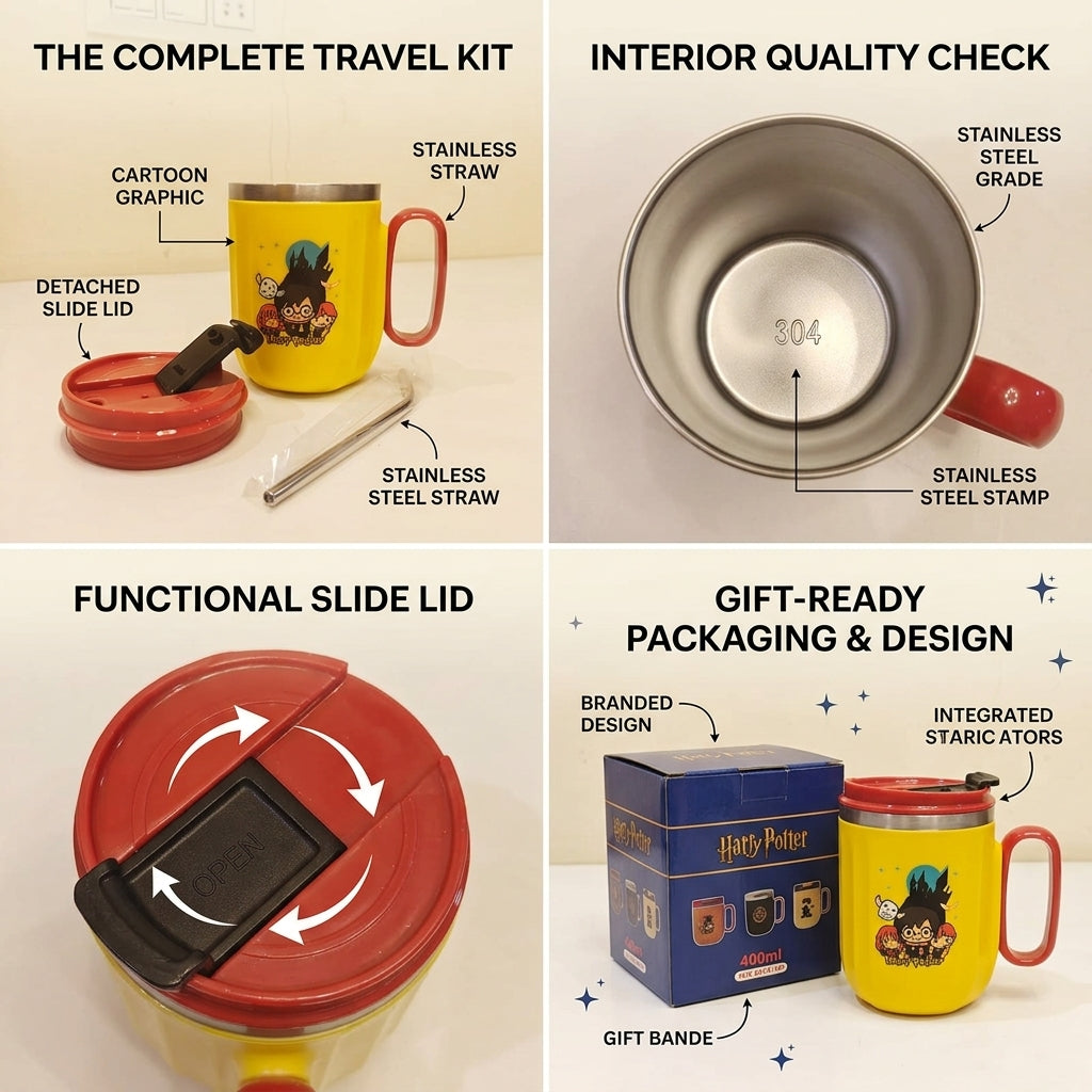 Product features of a travel mug with slide lid, cartoon graphic, and gift-ready packaging.