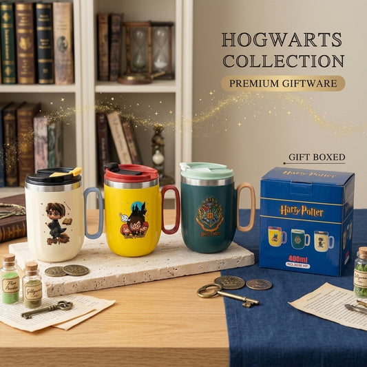 Three Harry Potter-themed mugs on a table with a box labeled 'Hogwarts Collection' in the background.