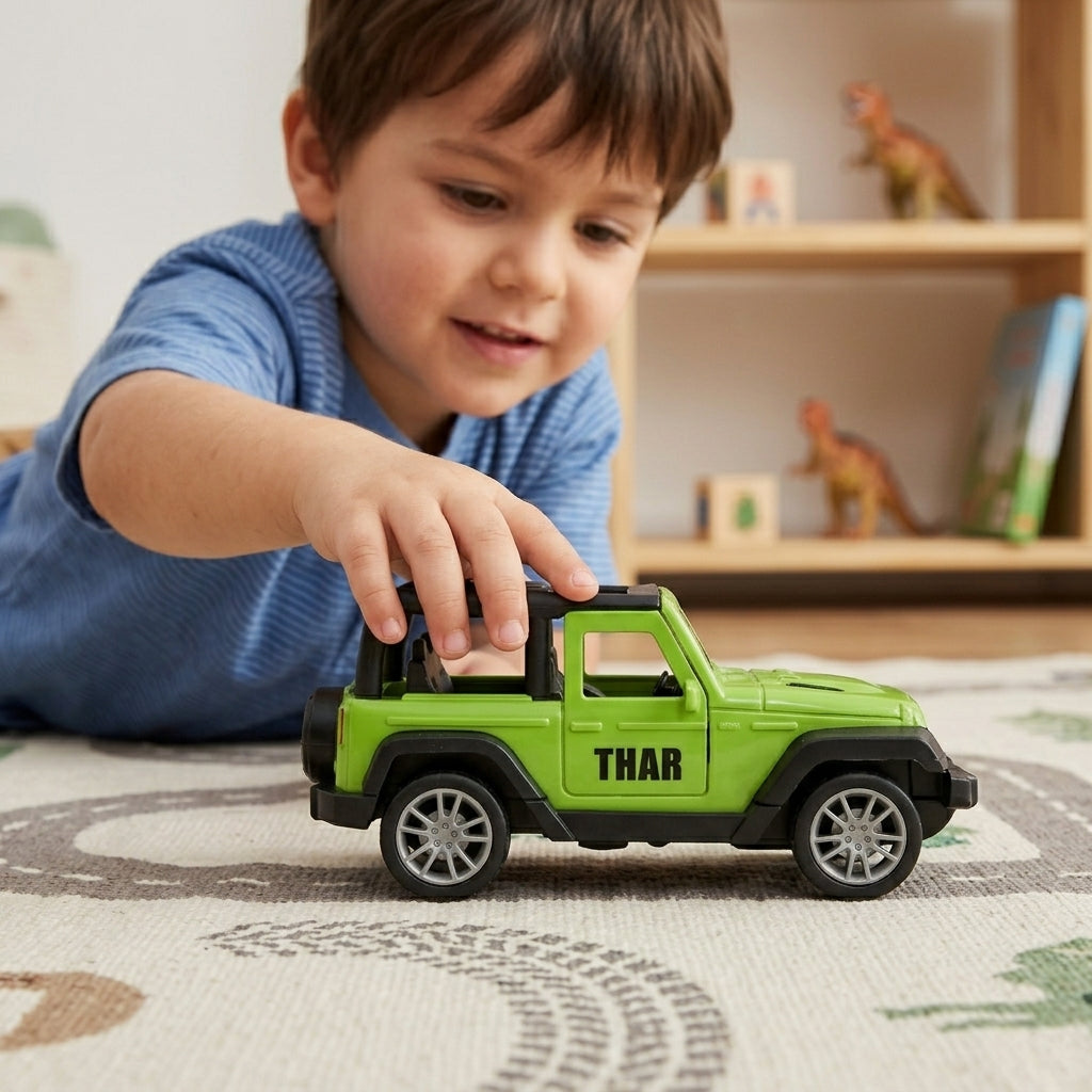 Child playing with a green toy Thar labeled 'THAR' on a carpeted floor.