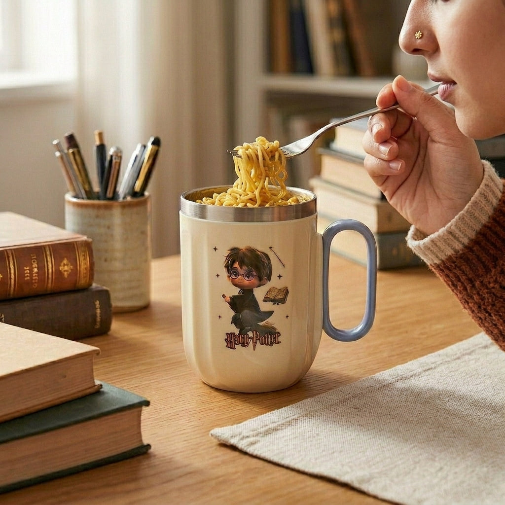 Person eating noodles out of a mug with a character design on a desk with books and stationery.