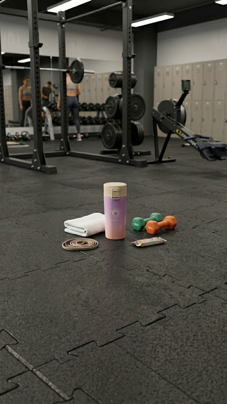 Gym floor with exercise equipment and Insulated mug