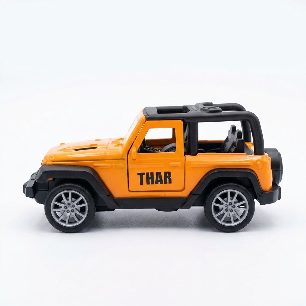 Toy car model of a Jeep Wrangler with 'THAR' branding on a white background