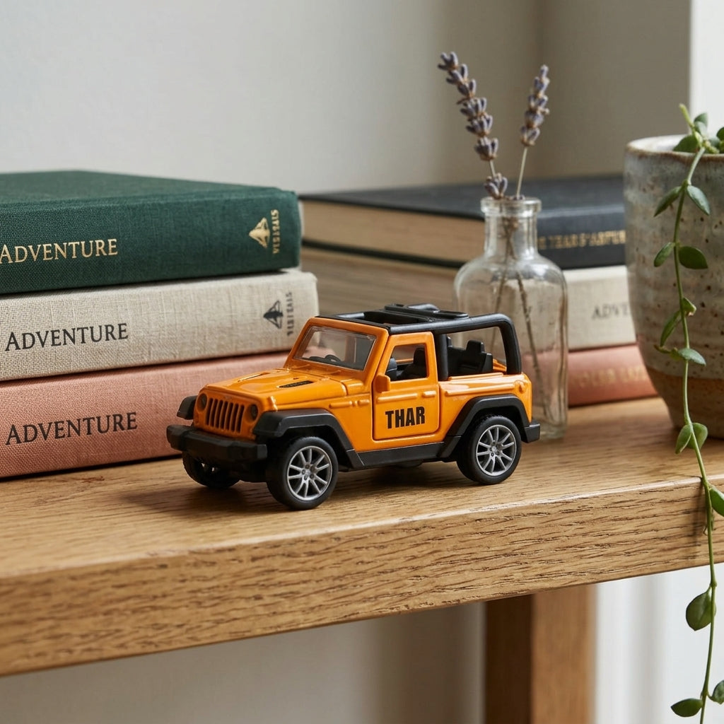 Small model car on a wooden surface with books and a vase in the background