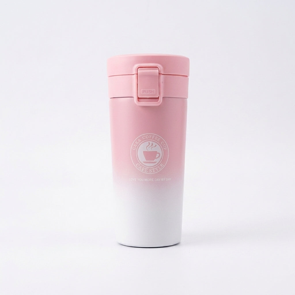 Pink and white gradient tumbler with a logo on a light gray background