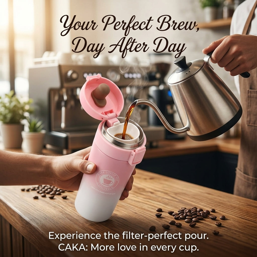 Person pouring coffee from a silver kettle into a pink and white travel mug with a kitchen background.