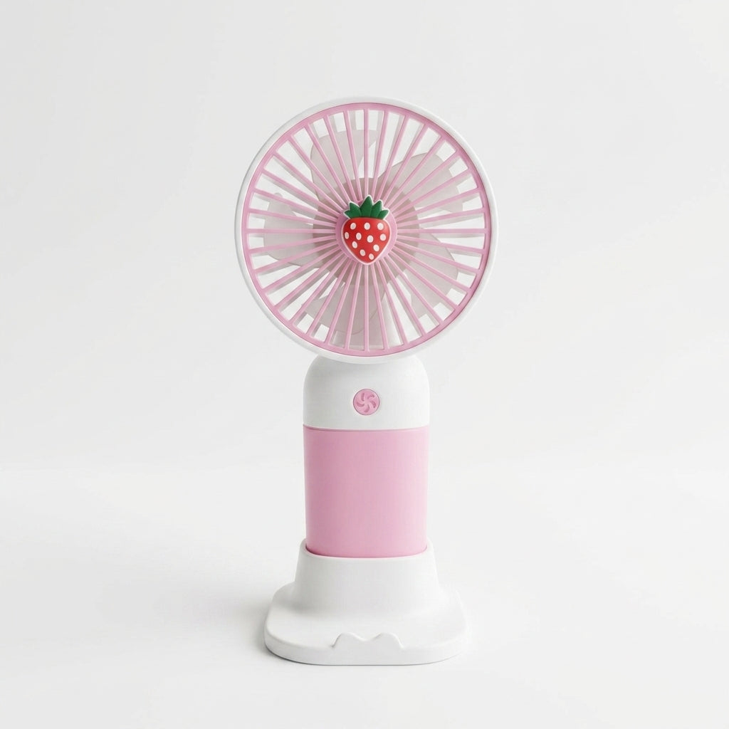 Pink and white fan with strawberry design on a light gray background