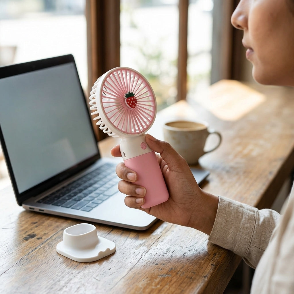 Person holding a pink handheld fan next to a laptop on a wooden table.