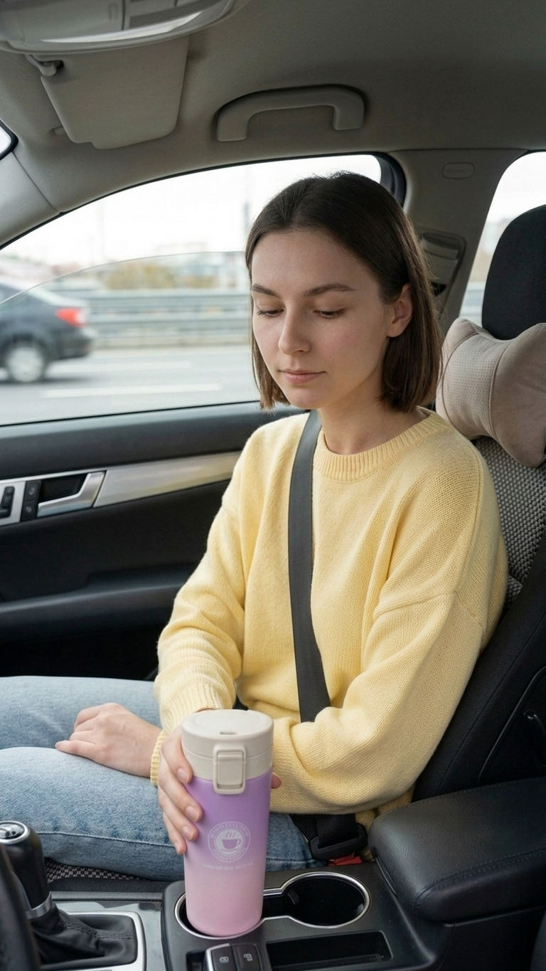 Woman sitting in a car holding a purple tumbler, with a blurred outdoor background