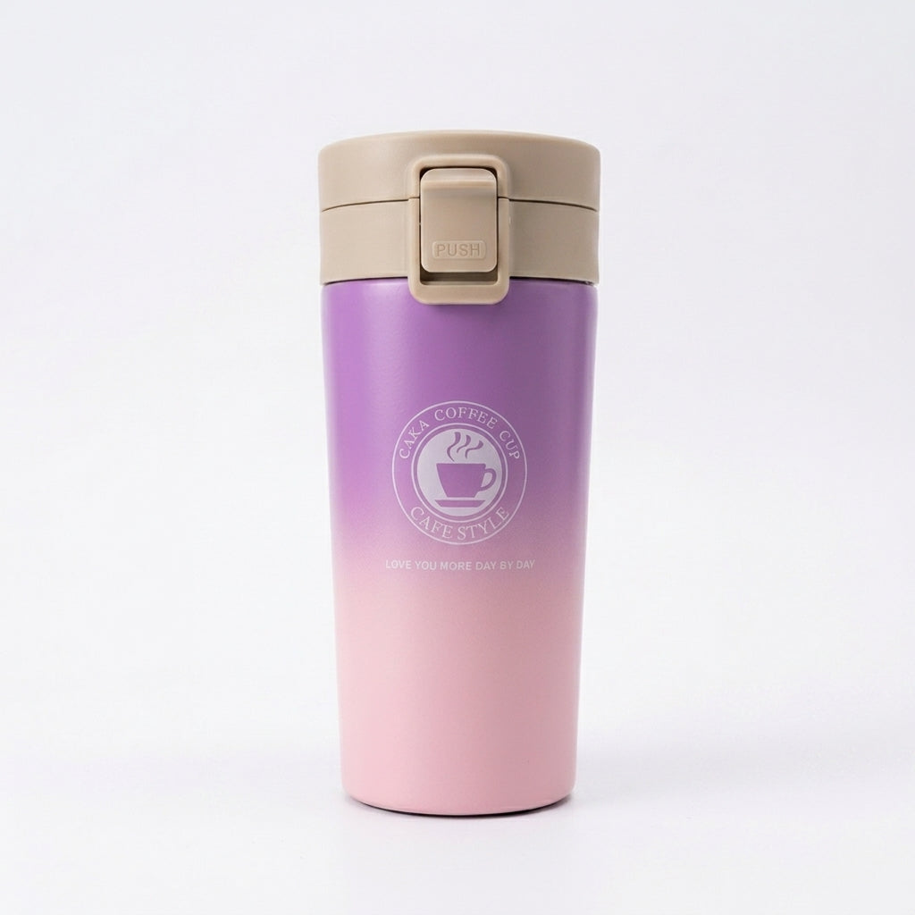 Gradient purple to pink tumbler with beige lid on a white background