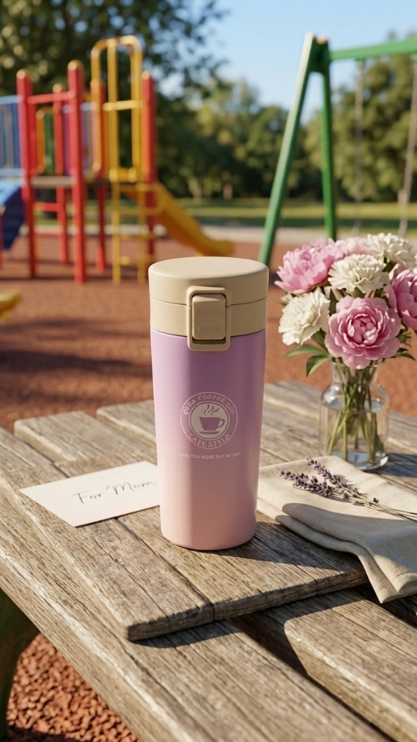 Purple insulated mug on a wooden table with flowers and a card in the background