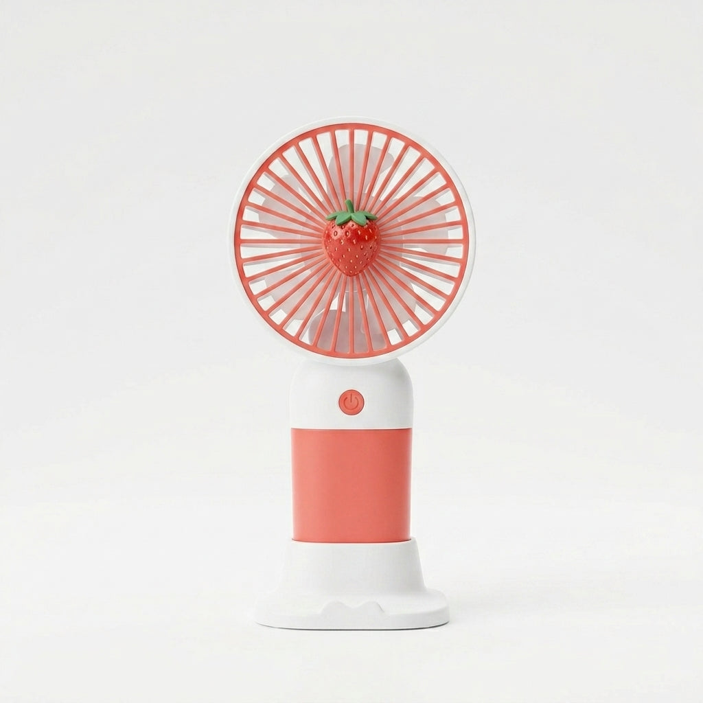 Small fan with strawberry design on a white background