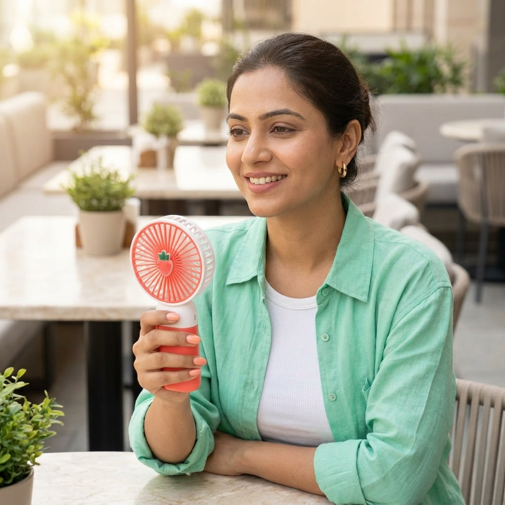 Woman holding a red and white handheld fan in an outdoor setting