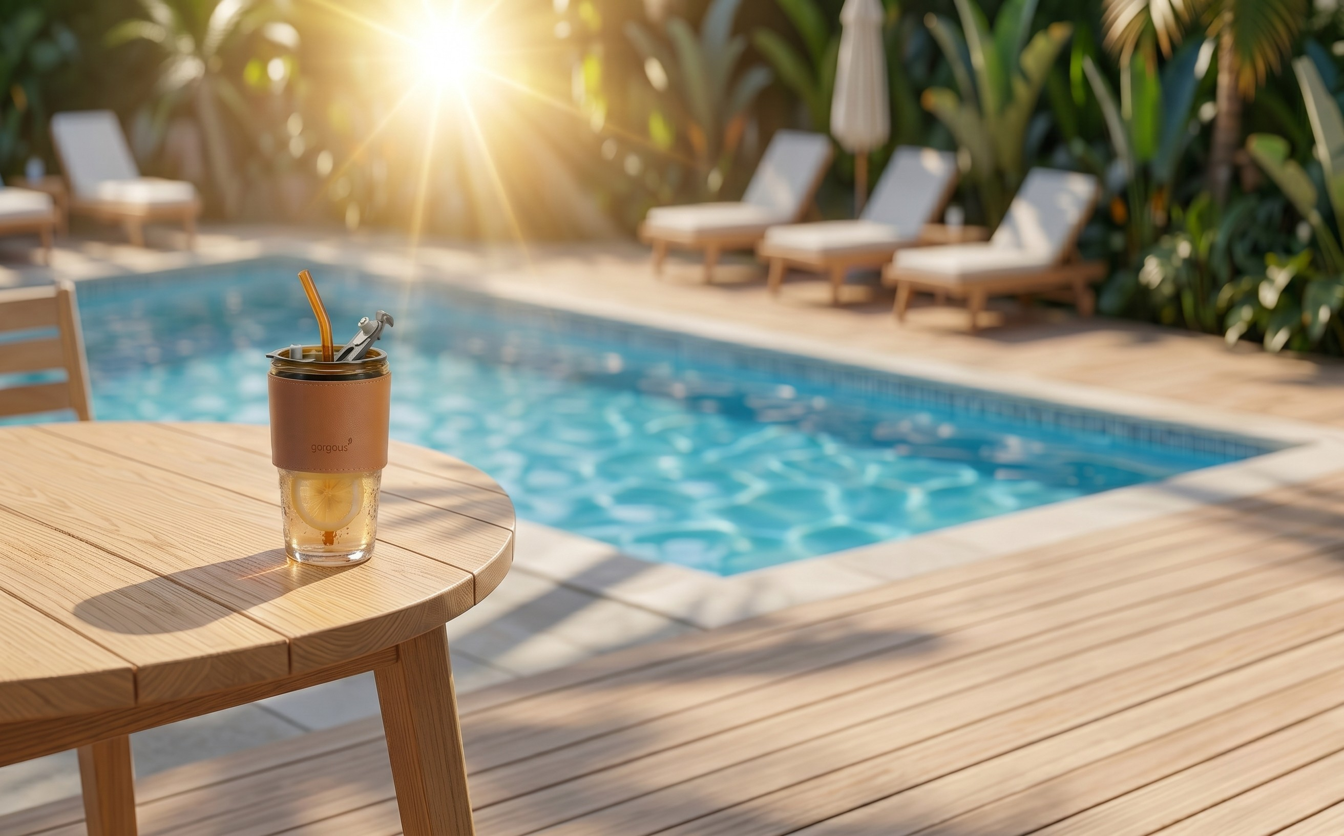 Glass of iced tea on a wooden table by a pool with lounge chairs and sunlit garden.