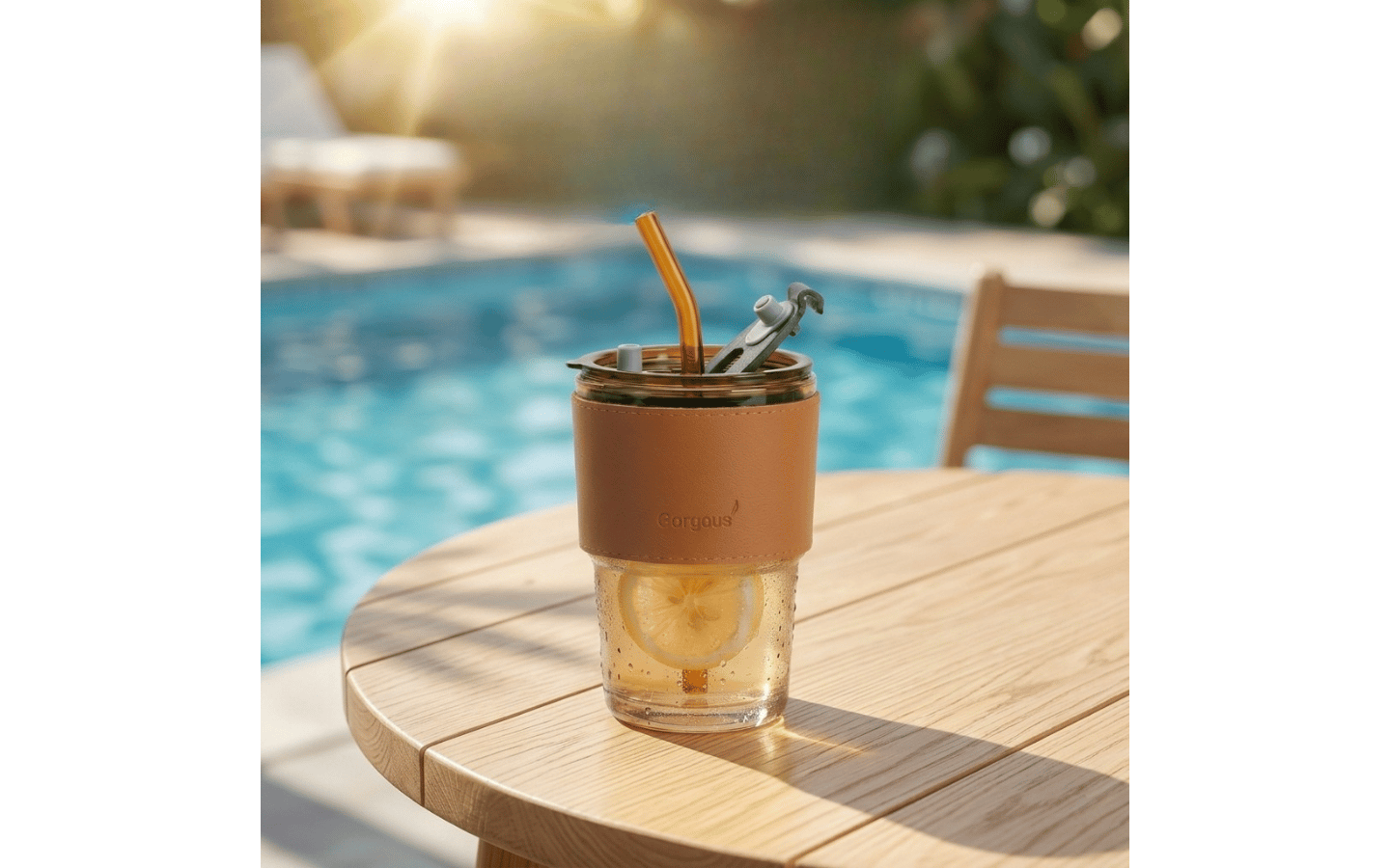 Brown cup placed on a table near a swimming pool